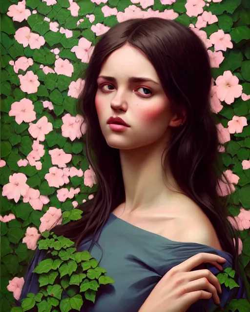 Prompt: stylized portrait of an artistic pose, composition, young lady sorrounded by nature, cinematic moody colors, ivy, flowers, one single head, realistic shaded, fine details, realistic shaded lighting poster by ilya kuvshinov, magali villeneuve, artgerm, jeremy lipkin and michael garmash and rob rey