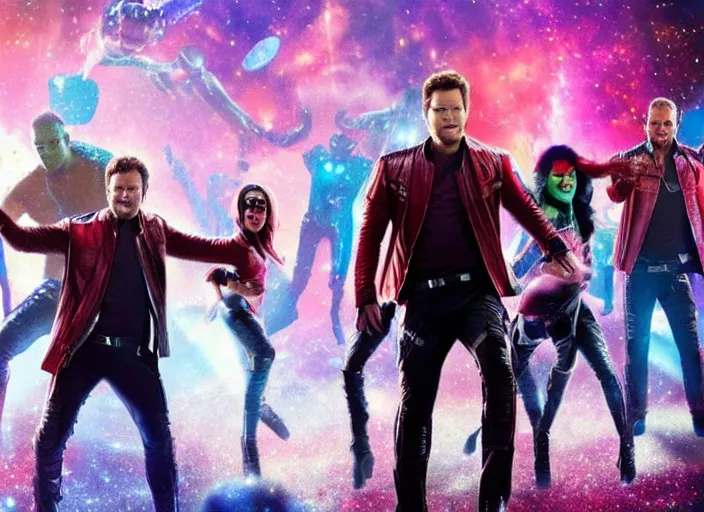 Prompt: film still of star - lord played by chris pratt dancing in a disco in the new guardians of the galaxy movie, 4 k