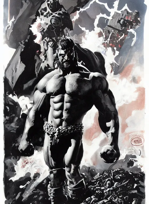 Prompt: full body and head portrait of enormous muscular hellboy wearing tattered trench coat, explosion and debris in the background, dynamic action, painted by norman rockwell and phil hale and greg staples and tom lovell and frank schoonover and jack kirby, movie