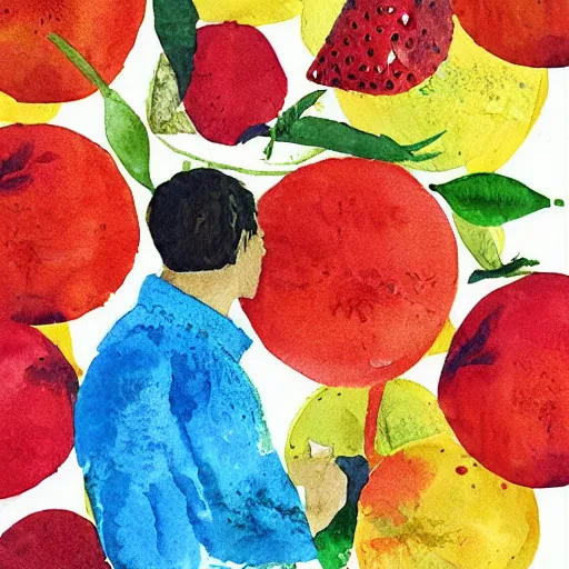 Prompt: watercolor and collage by eric carle, of a man thinking about fruit, peaceful mood, movie poster