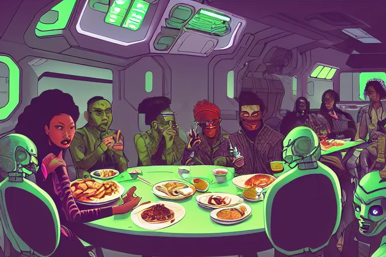 Prompt: asian people and black people and green - skinned humanoids eating breakfast aboard a cyberpunk spaceship, by josan gonzalez