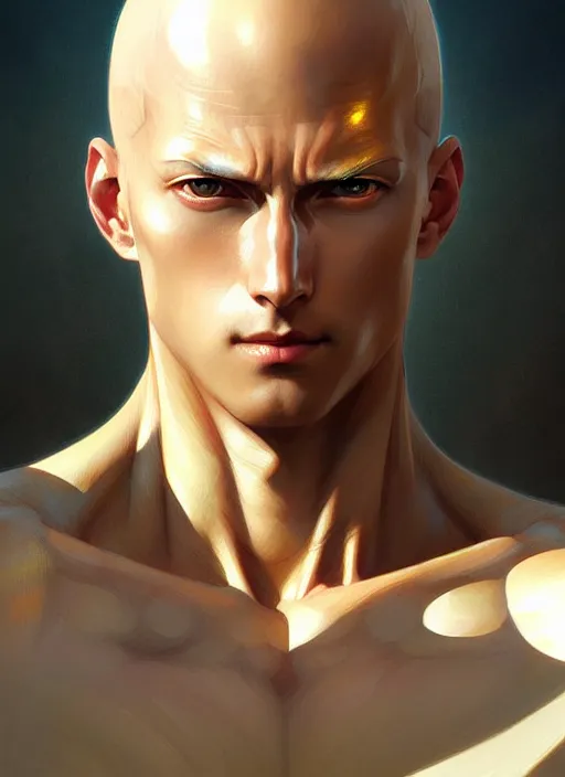 Image similar to ultra realistic illustration, handsome saitama, intricate, elegant, highly detailed, digital painting, artstation, concept art, smooth, sharp focus, illustration, art by artgerm and greg rutkowski and alphonse mucha and wlop