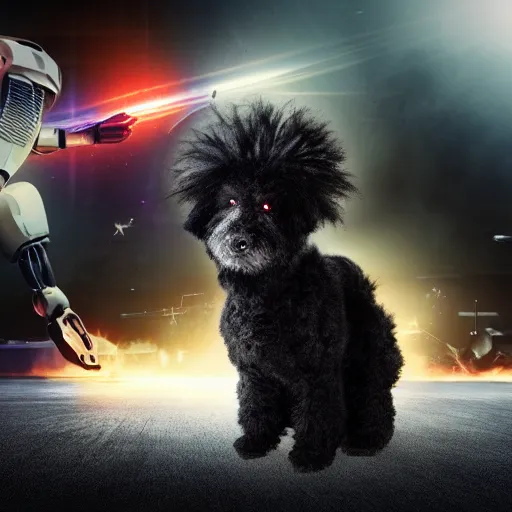 Prompt: photograph of a futuristic robotic black coton de tulear dog with black fur, wearing power armor, explosion in the background, cinematic