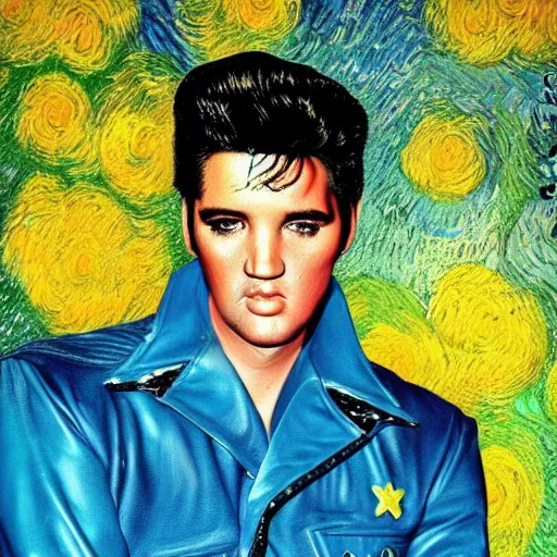 Image similar to an artistic portrait of elvis presley, dreamlike, romantic, high quality, studio photography, colorful, hero, heroic, beautiful, in the style of vincent van gogh