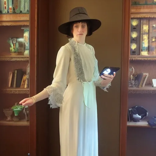 Prompt: a photo of a 2 1 st century jugendstil dress worn by a woman with ipad