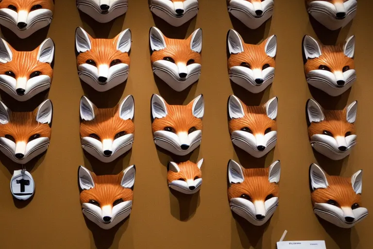 Image similar to Ceramic fox masks hanging in a museum