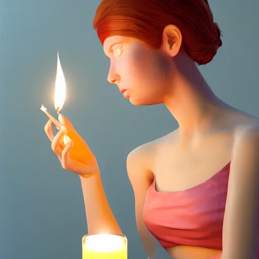 Image similar to portrait of a feminine young woman holding a lit candle, fragile, soft, vray, hyperdetailed, 3d character, game character