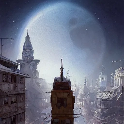 Image similar to It’s crowded streets of Russian sleeping quarters on the Moon city, Norilsk, sci-fi, fantasy, intricate, very very beautiful, elegant, highly detailed composition, digital painting, artstation, concept art, smooth, sharp focus, illustration, art by artgerm and greg rutkowski and alphonse mucha