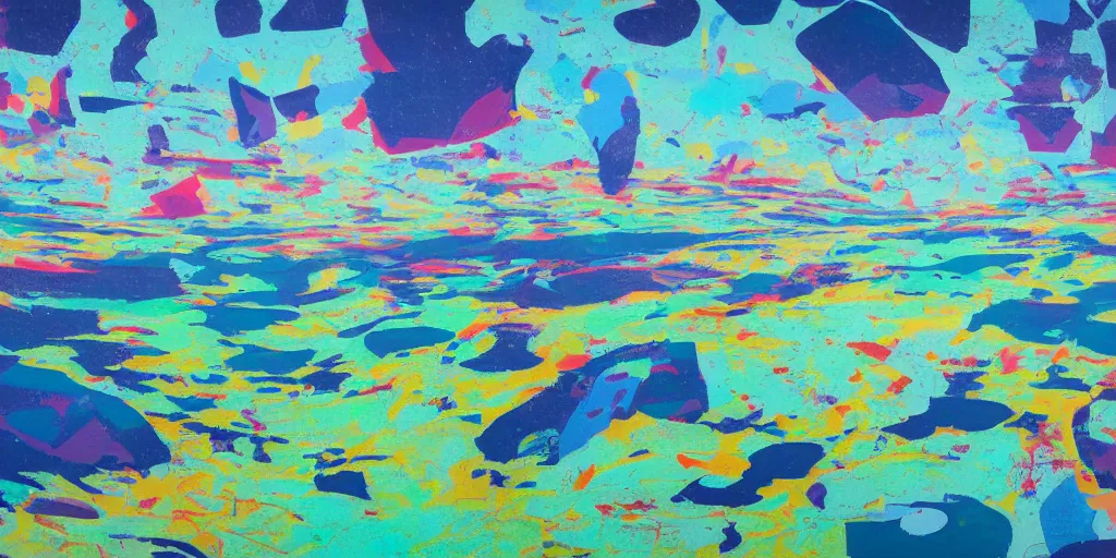 Image similar to partly abstract landscape painting at noon by james jean and David Schnell painted in no mans sky style