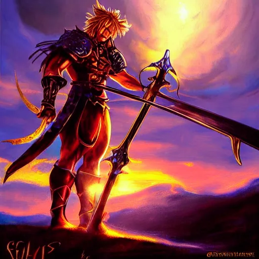 Image similar to painting of siegfried from soulcalibur!!!!!, watching a purple and orange sunset!!, from the black mage cemetery!!!, in the style of justin gerard!!!!