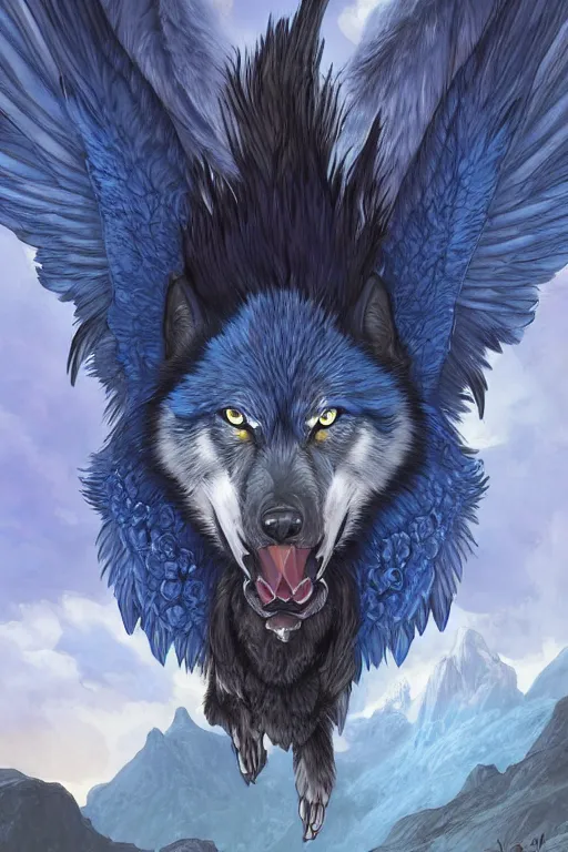 Image similar to blue feathered wolf with wings on a beautiful fantasy landscape, facing front, hills, mountains, moonlit, hd, illustration, epic, d & d, fantasy, intricate, elegant, highly detailed, digital painting, artstation, concept art, smooth, sharp focus, illustration, wallpaper, art by artgerm and greg rutkowski and alphonse mucha and jin xiaodi