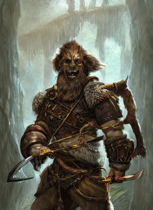 Image similar to strong young man, photorealistic bugbear ranger holding aflaming sword, black beard, dungeons and dragons, pathfinder, roleplaying game art, hunters gear, jeweled ornate leather and steel armour, concept art, character design on white background, by alan lee, norman rockwell, makoto shinkai, kim jung giu, poster art, game art