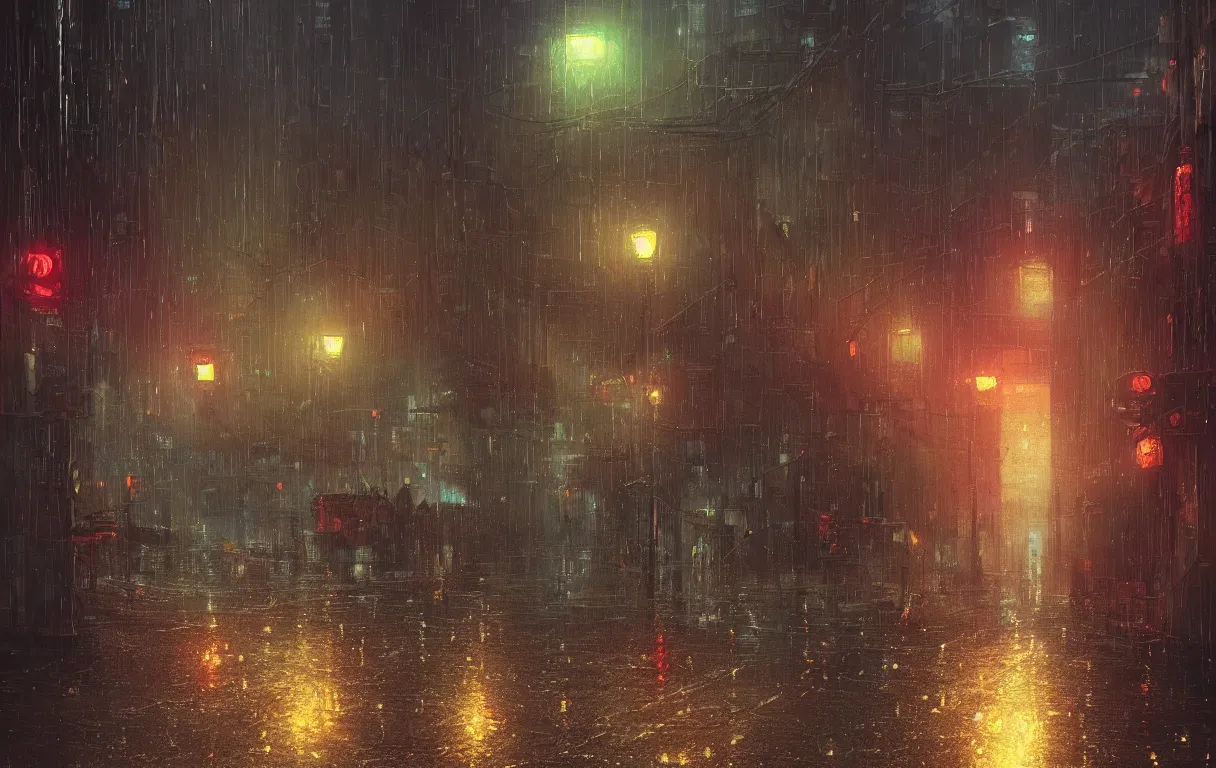 Image similar to A digital painting of a close-up view of a raining cyberpunk street, some street lights and padestrians, by Ismail Inceoglu and Caspar David Friedrich, stunning, photorealistic, highly-detailed, 4k, ue5, light effect, rtx on, realistic, cinematic, IMAX quality, trending on artstation