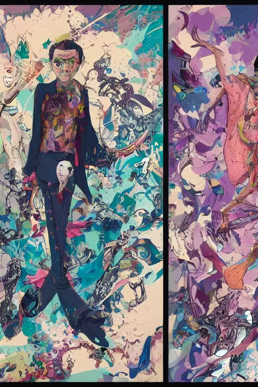 Prompt: wealthy male half necromancer diptych, made of white gucci fabric, pixiv fanbox, dramatic lighting, maximalist pastel color palette, splatter paint, pixar and disney exploded - view drawing, graphic novel by fiona staples and dustin nguyen, peter elson, alan bean, wangechi mutu, clean cel shaded vector art, trending on artstation