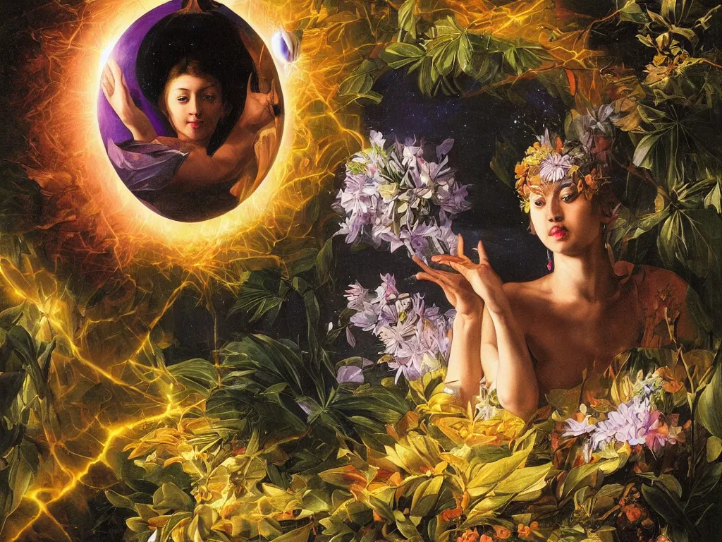 Prompt: hyperrealistic still life painting of a beautiful goddess with her third eye blasting open a portal into a new dimension, deep space, wrapped in fabric and gently smiling, surrounded by refracting prisms in a tesseract, by Caravaggio, botanical print, beautiful plants, surrealism, vivid colors, serene, golden ratio