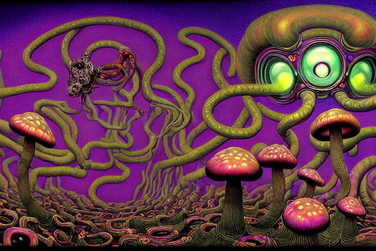 Image similar to a detailed digital art painting of a cell shaded cyberpunk ornate magick oni demon with occult futuristic effigy of a beautiful field of mushrooms that is a adorable ferret atomic latent snakes in between lizard biomorphic molecular psychedelic hallucinations in the style of escher, alex grey, stephen gammell inspired by realism, symbolism, magical realism and dark fantasy, crisp