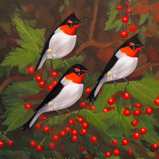 Prompt: Three bullfinches eating red rowan berries high up on a rowan tree, autumn evening, fairytale forest on the background, detailed painting