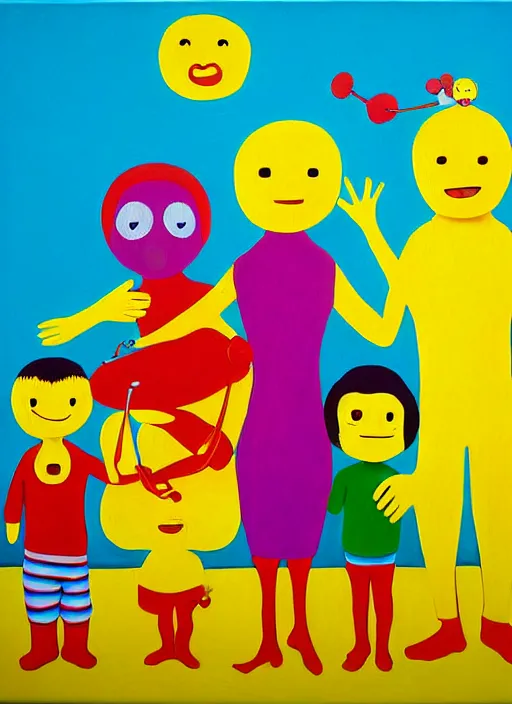 Image similar to splash painting, happy family, by os gemeos