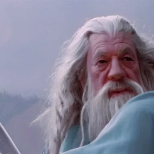 Image similar to gandalf wearing pink robes and a hello kitty hair clip, movie still from the lord of the rings