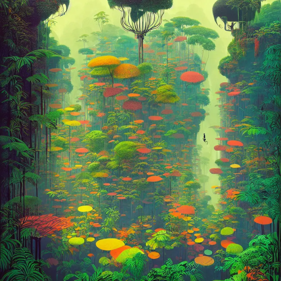 Image similar to surreal glimpse, malaysia jungle, summer morning, very coherent and colorful high contrast pastel art by gediminas pranckevicius james gilleard james gurney floralpunk screen printing woodblock, dark shadows, hard lighting, stippling dots, art nouveau