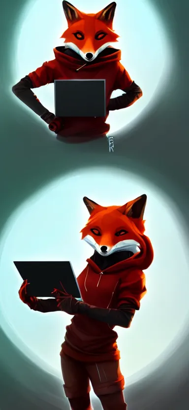 Prompt: a league of legends concept art of an anthropomorphic red fox in a black hoodie holding a portable computer, front view, hoodie with a hacker emblem, artstation, digital art, oc commission, style by jordan grimmer and greg rutkowski, 4 k resolution