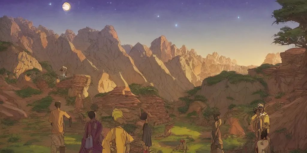 Image similar to an african magic school on the mountains, comics art, cinematic volume lighting, 4k, illustration, epic scene, trending on artstation, art by ghibli moebius