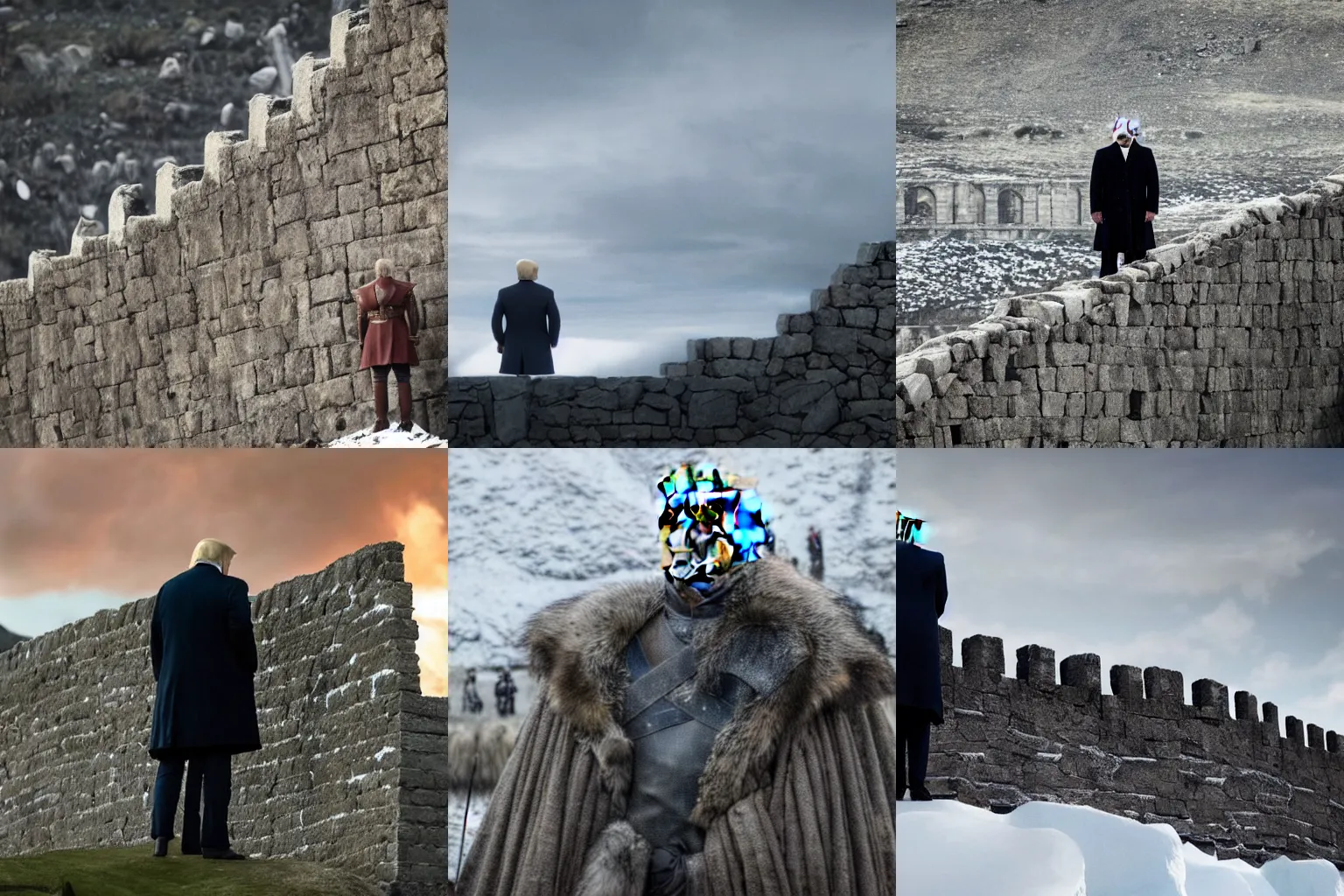 Prompt: Donald trump standing on top of the wall in the television show Game of thrones looking over the north