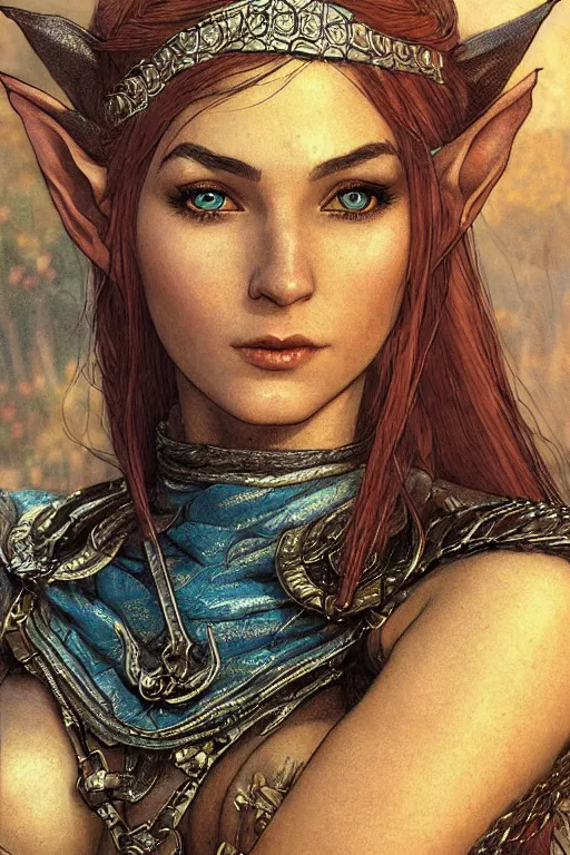 Image similar to alluring highly detailed matte close-up portrait of beautiful elf Shani (from Witcher 3) wearing chesty chainmail bikini and a blue cloak, very detailed, realistic, manga, pen and ink, by Stanley Artgerm Lau, greg rutkowski, thomas kindkade, alphonse mucha, loish, norman rockwell J.