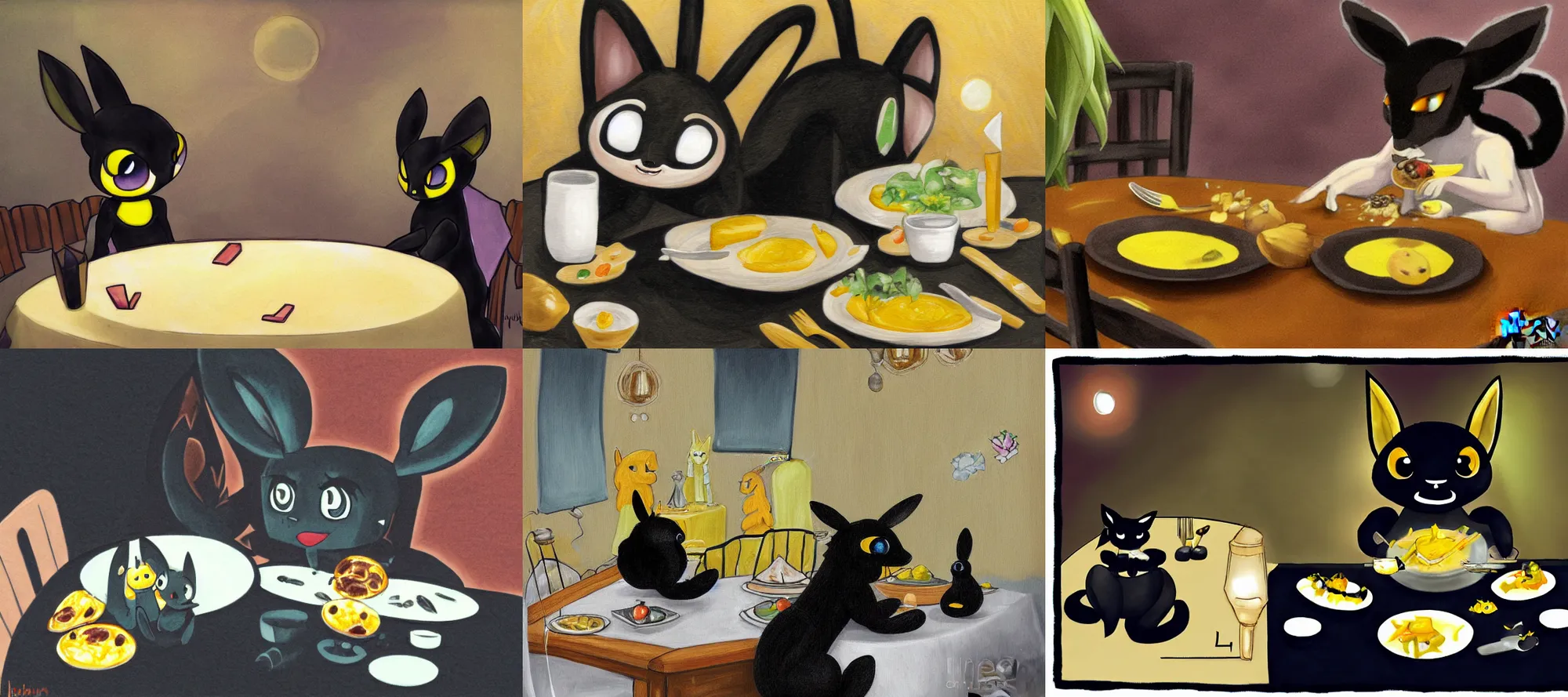 Prompt: umbreon eating dinner at table in the backrooms happiness is temporary by julia mato