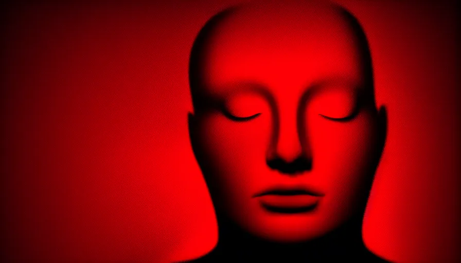 Image similar to portrait photograph of enigmatic figure wrapped in red sheet in darkness, high contrast, hard light, digital art, rendering, cloth simulation, redshift