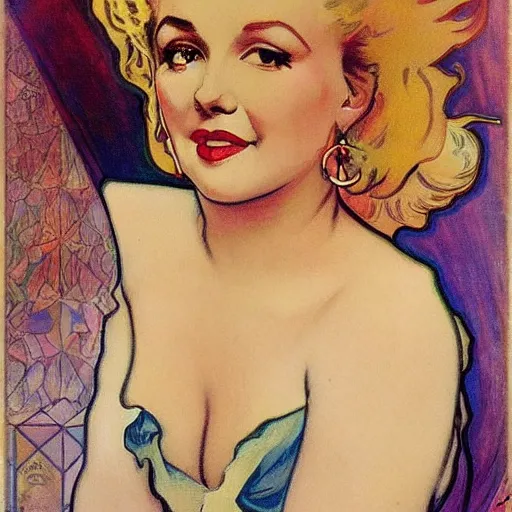 Image similar to a portrair of Marylin Monroe by Alfons Mucha.
