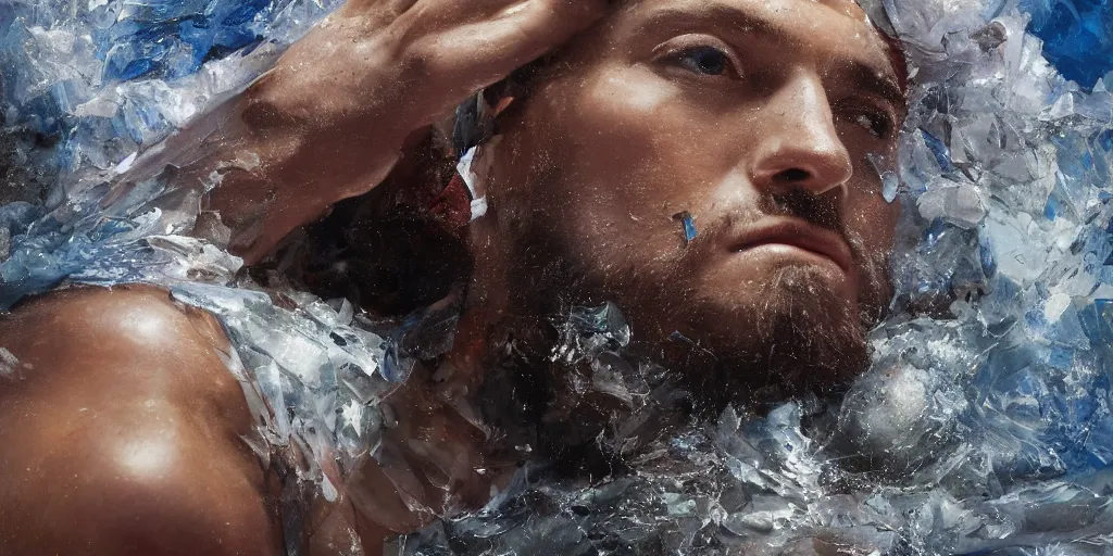 Prompt: highly detailed photography of poseidon with crystals, dust particles, big rocks, sharp focus, dramatic scene, aesthetic, dynamic lighting, elegant, harmony, masterpiece, by jenny saville, by ben aronson, by james jean, by roberto ferri, by jeremy mann, by lucian freud, by kent williams, high quality