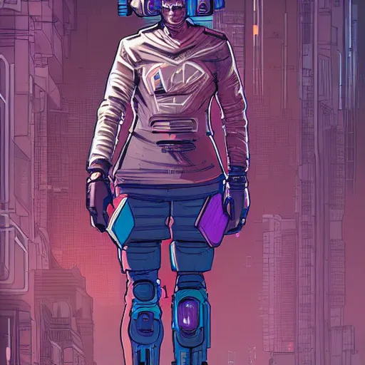 Image similar to awesome cyberpunk character with robot feet. portrait by josan gonzales