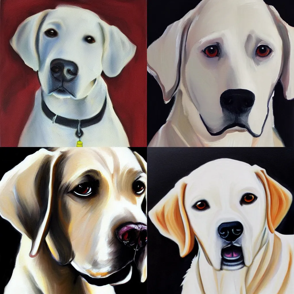 Prompt: white labrador retriever face, excited, realistic painting style, black background