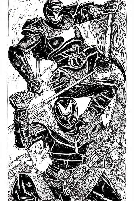 Prompt: a power ranger as a d & d monster, pen - and - ink illustration, etching, by russ nicholson, david a trampier, larry elmore, 1 9 8 1, hq scan, intricate details, high contrast