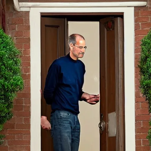 Prompt: steve jobs knocking at the front door for someone to let him in the house, while it's thunderstorm, at night