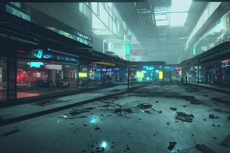 Prompt: hyper realistic fps game screenshot of a abandoned cyberpunk shopping mall, a crew of high tech soldiers are in, cinematic lightning, ray tracing, unreal engine, photorealistic fps game concept art, detailed, dark, moody, foggy