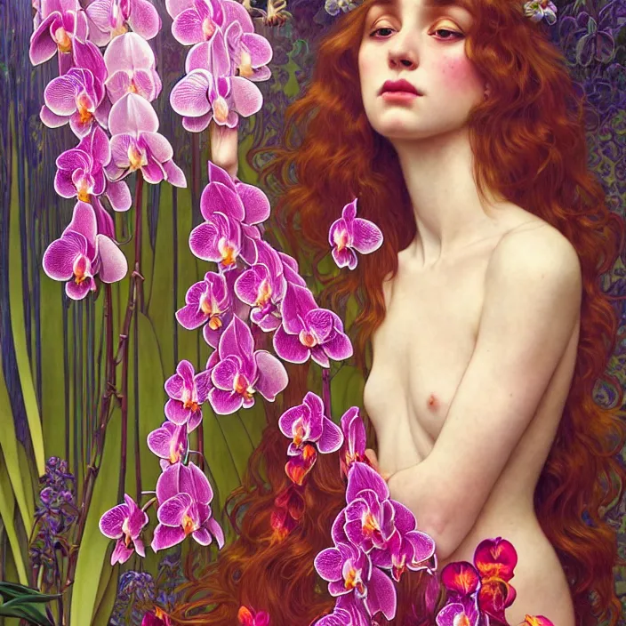 Image similar to psychedelic portrait of girl surrounded by orchids, diffuse lighting, fantasy, intricate, elegant, highly detailed, lifelike, photorealistic, digital painting, artstation, illustration, concept art, smooth, sharp focus, art by John Collier and Albert Aublet and Krenz Cushart and Artem Demura and Alphonse Mucha