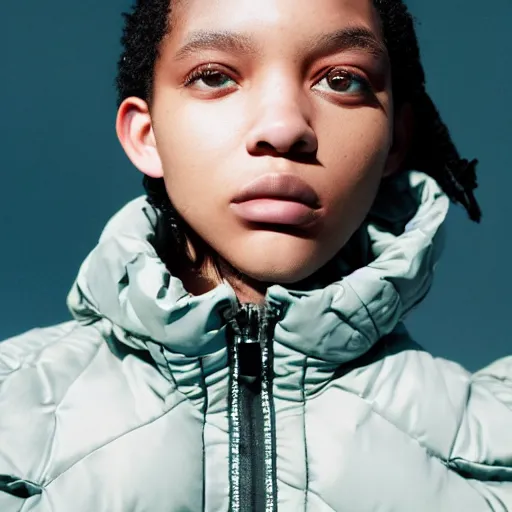 Image similar to realistic! photoshoot for a new balenciaga lookbook, color film photography, portrait of a beautiful woman wearing a puffer jacket, photo in style of tyler mitchell, 35mm