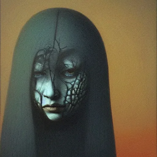 Image similar to young girl with a crow's head , painting by Beksinski