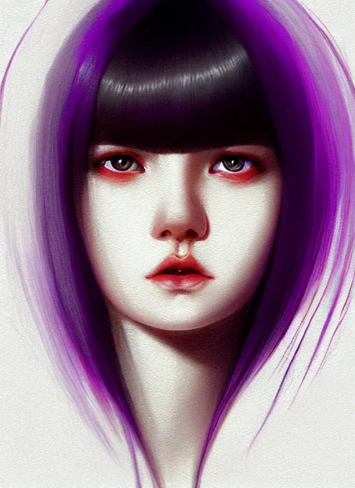 Image similar to hair whitebangs hair, black hair, whitebangs, portrait of teenage girl with white bangs, red irises, purple clothes, white bangs, bangs are different color from hair, intricate, elegant, glowing lights, highly detailed, digital painting, artstation, concept art, smooth, sharp focus, illustration, art by wlop, mars ravelo and greg rutkowski