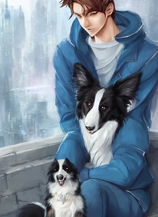Image similar to beautiful portrait of a cute male anthropomorphic border collie fursona wearing a blue tracksuit in a metropolis. character design by charlie bowater, henry asencio, and ross tran. scenic background, detailed, glamor pose, aesthetic, trending on artstation, top rated on furaffinity and deviantart