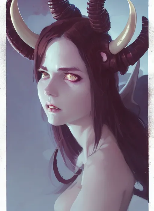 Image similar to portrait of cute succubus girl with horns, warhammer, by atey ghailan, by greg rutkowski, by greg tocchini, by james gilleard, by joe gb fenton, by in kaethe butcher, dynamic lighting, gradient light blue, brown, blonde cream and white color in scheme, grunge aesthetic