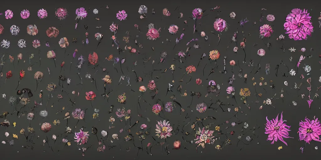 Image similar to reference sheet of unique lovecraftian flower on black background, in gouache detailed paintings, props, stylized, 2 d sprites, kitbash, 8 k, close up