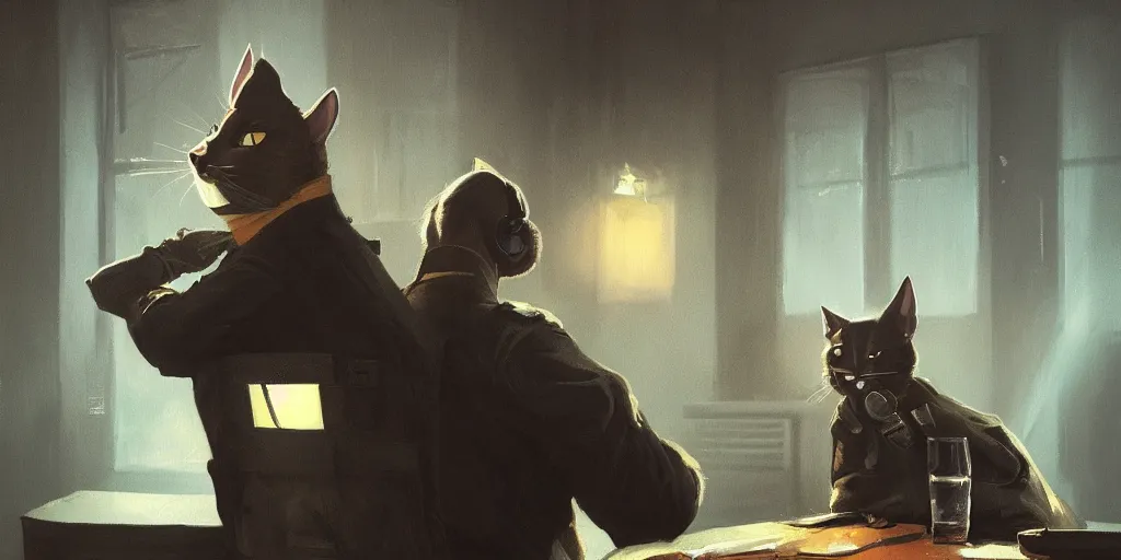 Prompt: the policeman cat in the interrogation room, zenith view, warm color palette, night time, dramatic lighting, noir film, fine details, high contrast, blacksad, juan diaz canales, juanjo guarnido, greg rutkowski, trending on artstation, 8 k, ultra wide angle