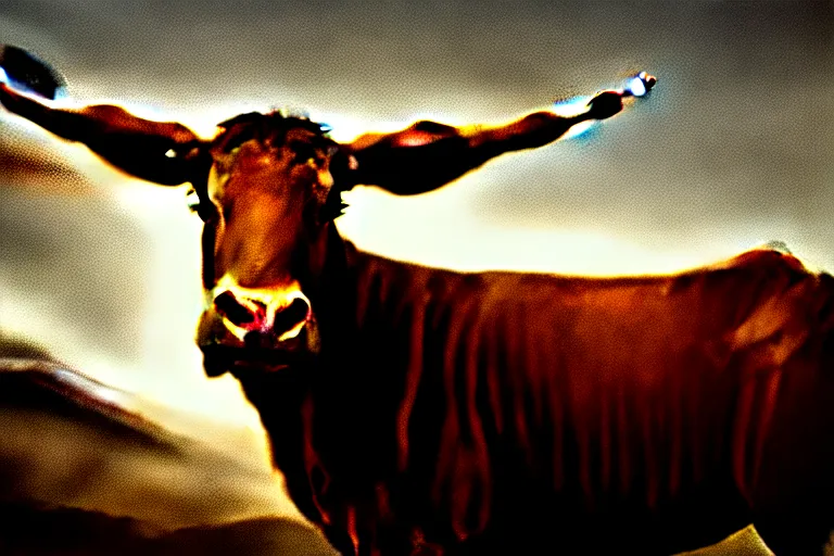 Image similar to a photorealistic sketch of a longhorn steer on a high bluff in big bend, key visual, extremely moody lighting, highly detailed, digital painting, sharp focus, illustration, unreal engine