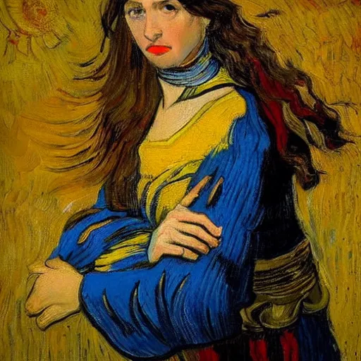 Prompt: ukrainian beautiful woman - warrior in the battlefield, wind, dramatic sky, elegant, powerful, epic painting, high quality, profound gaze, yellow and blue ribbons, emotionally touching, in the style of rembrandt, vincent van gogh