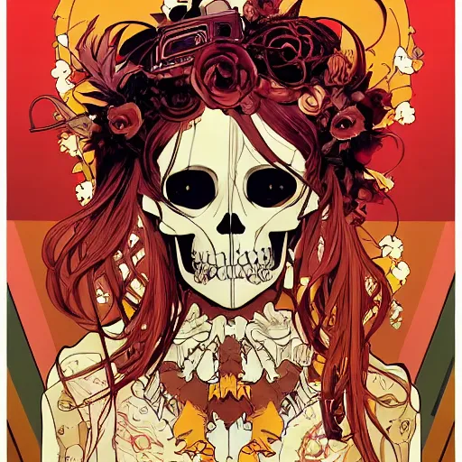 Prompt: anime manga skull portrait girl female skeleton illustration sunset art Geof Darrow and Ashley wood and Ilya repin and alphonse mucha pop art nouveau