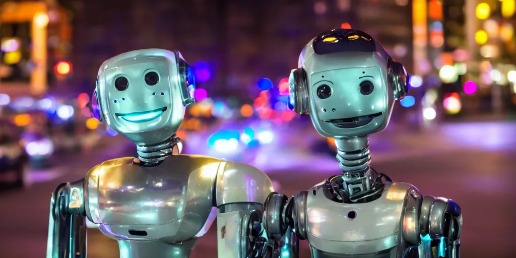 Prompt: close up photo of a robot smiling downtown at night, 50mm shallow depth of field