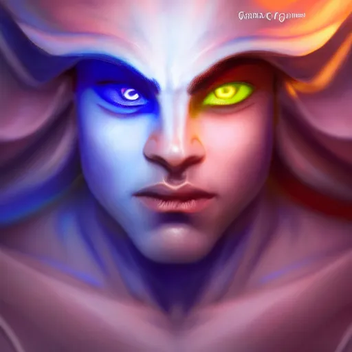 Image similar to all powerful genie, a god, god, ecstatic, infinite power, manic, perfect eyes, full body shot, magical being, magic, portrait, noble, transformation, vivid colors, elegant, concept art, sharp focus, digital art, Hyper-realistic, 4K, Unreal Engine, Highly Detailed, HD, Dramatic Lighting by Brom, trending on Artstation